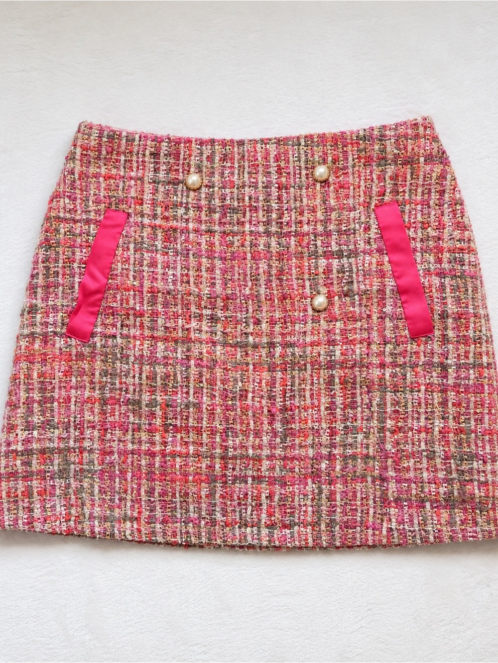 Vici Pink Multicolor Tweed Mini Skirt with Satin Pocket Trim